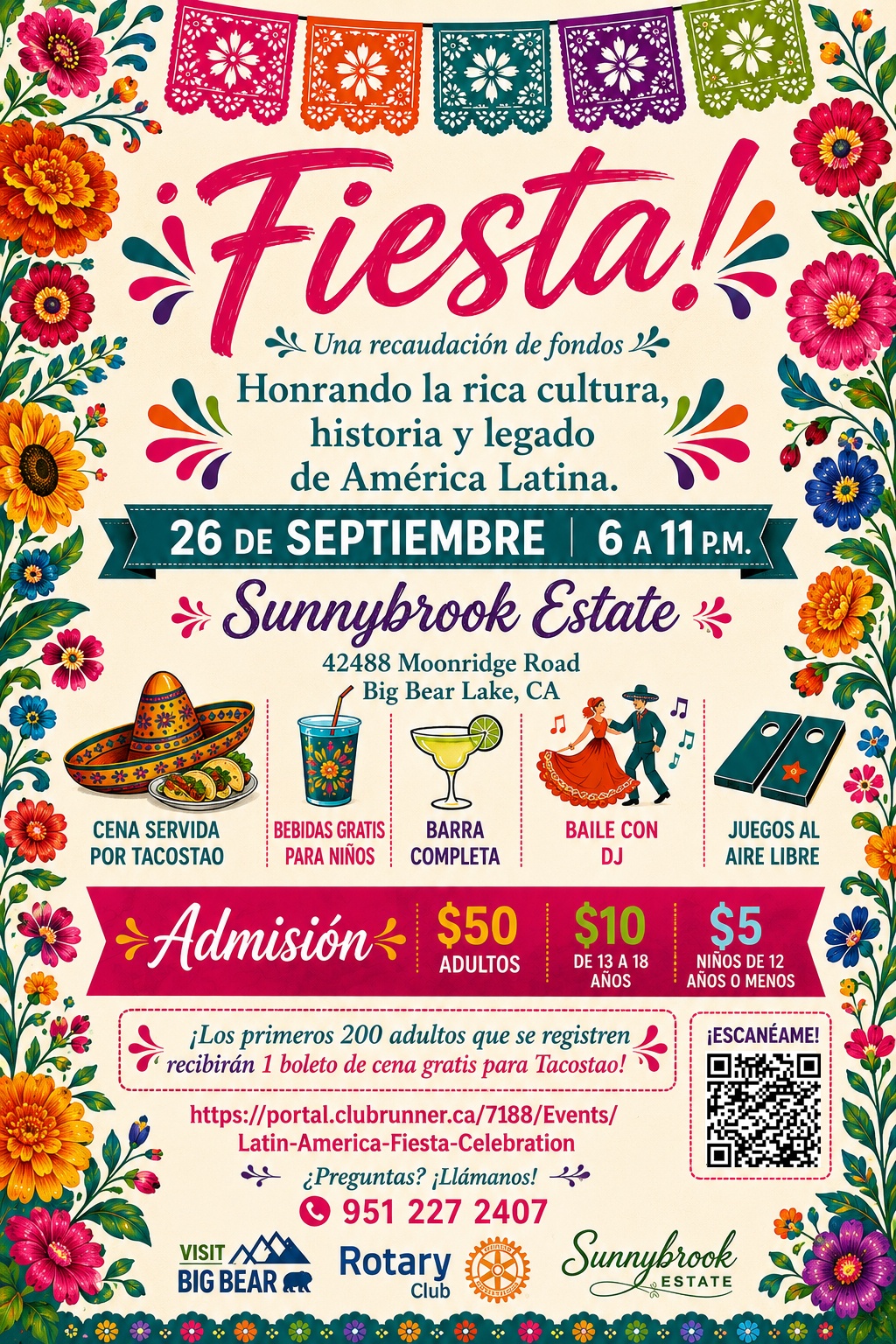 Spanish Latin America Fiesta event flyer featuring colorful floral designs, cultural decorations, food, music, dancing, and Sunnybrook Estate details in Big Bear Lake