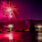 Colorful fireworks illuminate the night sky over Big Bear Lake, reflecting on the calm water below.