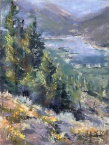 Plein air painting of Big Bear Lake landscape with pine trees, mountains, and scenic lake view in soft impressionist style