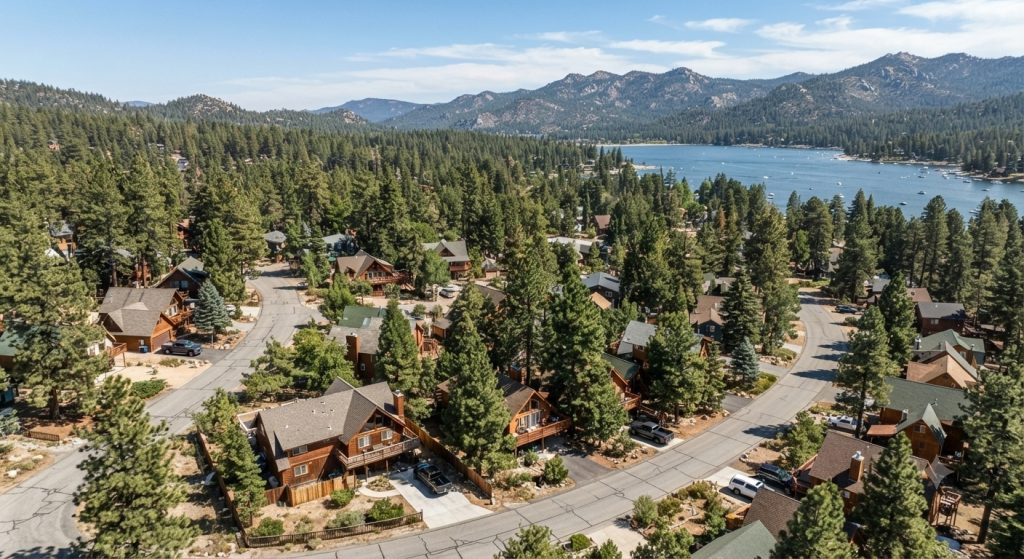 Aerial view of a lakeside neighborhood with mountain cabins, pine forests, and Big Bear Lake in the background.