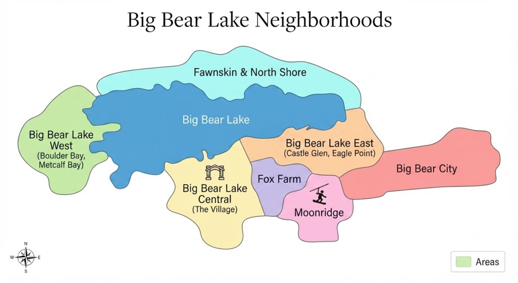 Illustrated map showing Big Bear Lake neighborhoods including Central, East, West, City, Moonridge, and Fawnskin areas