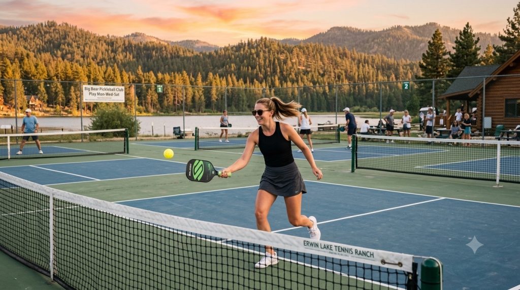 Players enjoy a pickleball match at Erwin Lake Tennis Ranch in Big Bear with scenic lake and mountain views at sunset.