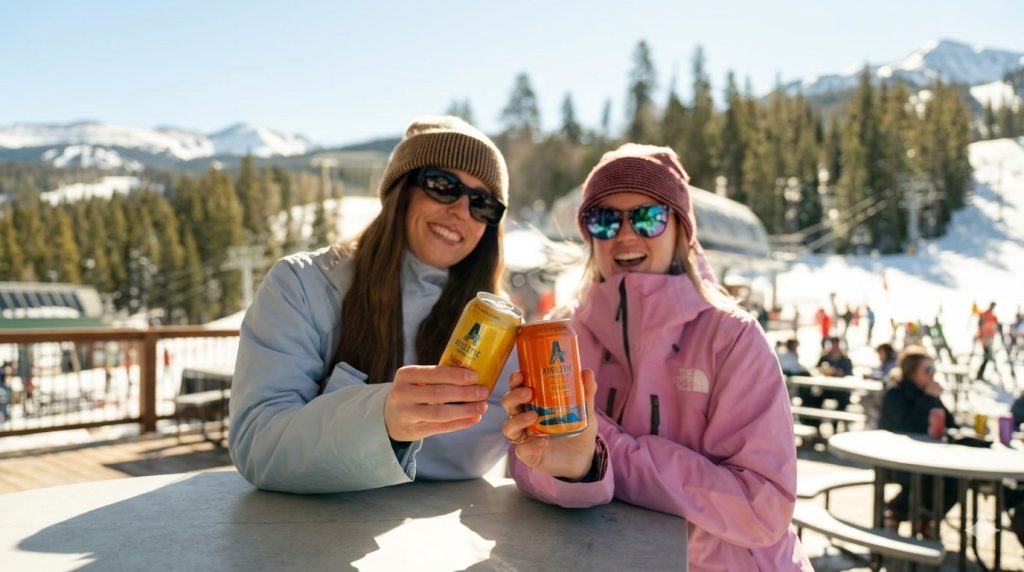 Two women in winter jackets toasting drinks outdoors at a snowy mountain resort