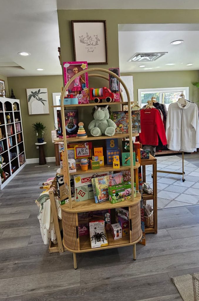 Interior display at The Cool Stop Shop featuring toys, gifts, apparel, and unique items for visitors.