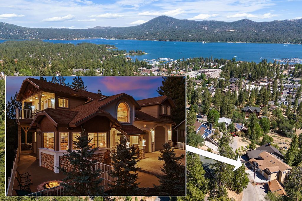 Aerial view of Big Bear Lake and the Village with an inset highlighting Grand Village Lodge