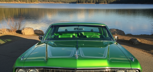 A green car parked by Big Bear Lake during the Lowrider Invasion event, with water and trees in the background.