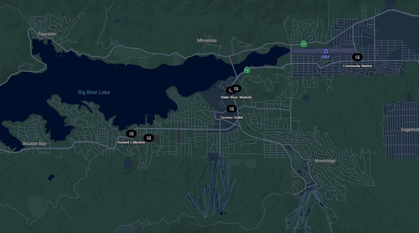 Map showing grocery stores and markets around Big Bear Lake, including State Bros. Markets, Grocery Outlet, and Community Market