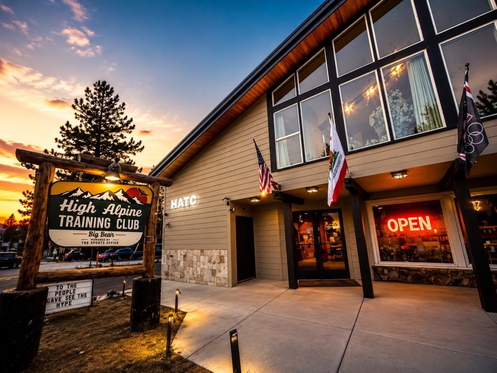 Exterior of the High Alpine Training Club and HATC fitness center in Big Bear Lake at sunset.