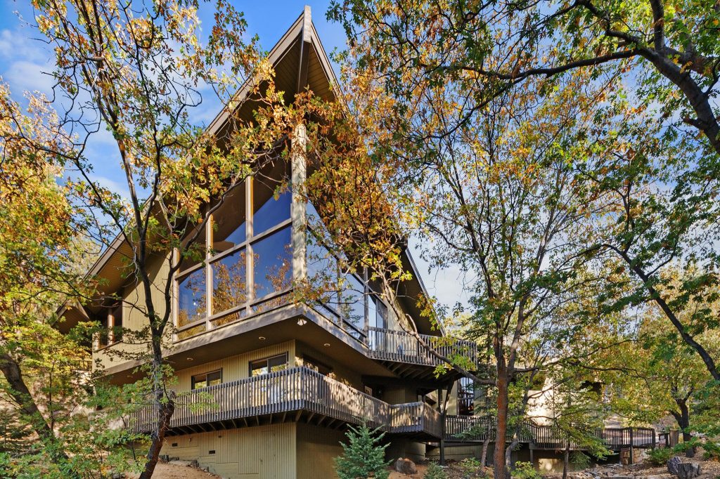 Modern mountain cabin exterior surrounded by mature trees near Big Bear Village