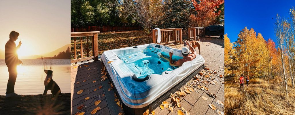 Scenic outdoor collage with a person and dog at sunset, a backyard hot tub, and autumn trees