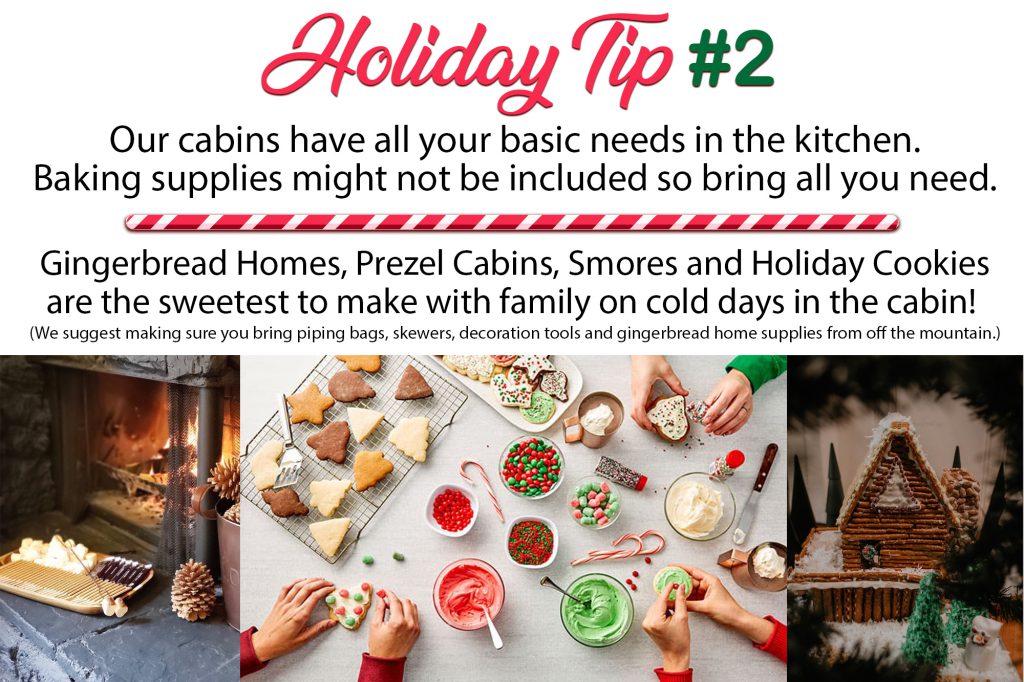 A holiday tip from Big Bear showing how to stay cozy, with a composite image of a family on a couch by a fireplace, feet with socks up to a fire, and a woman holding a charcuterie board.