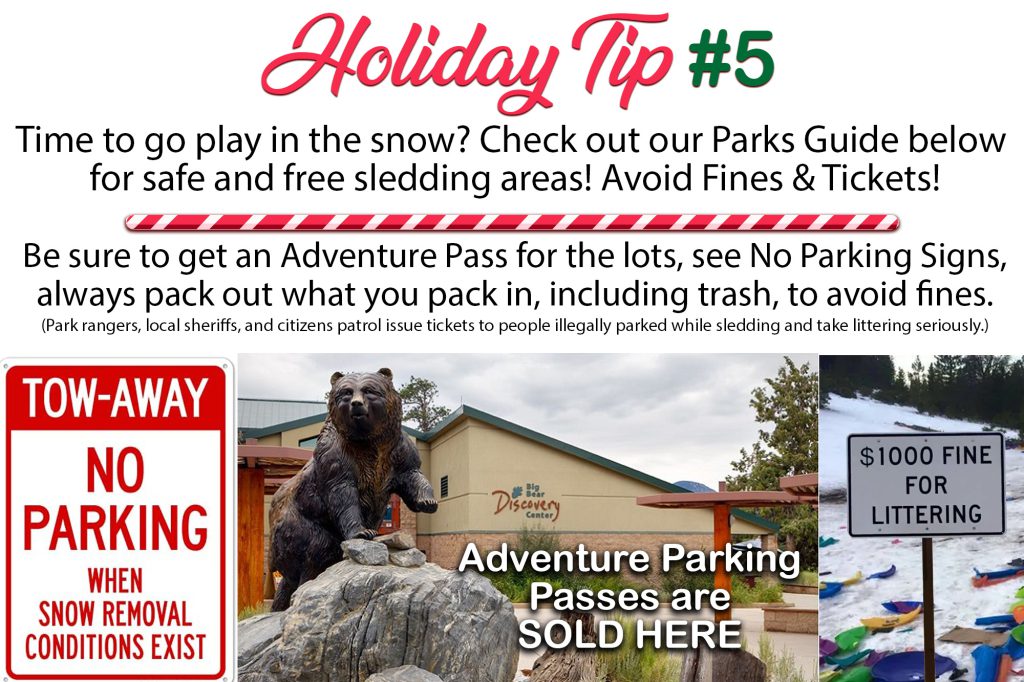 A holiday graphic from Destination Big Bear, advising on family photos and showing a collage of families in festive, snow-covered settings.