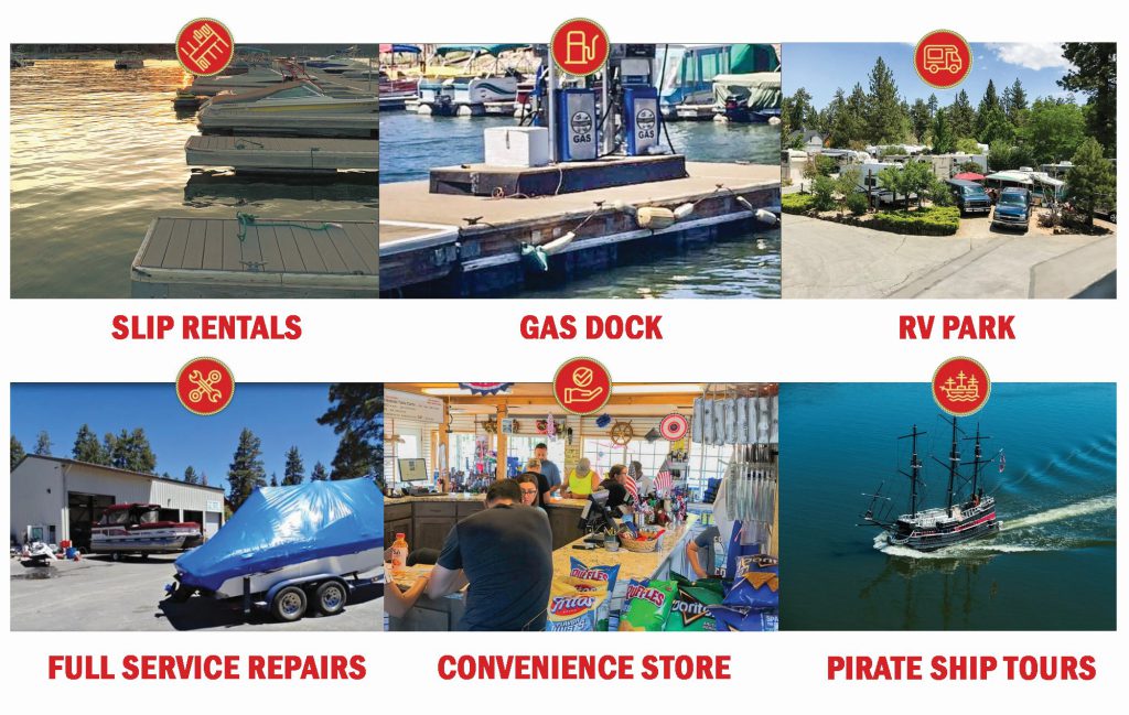 A collage of six images showing various marina services at Big Bear, including slip rentals, a gas dock, an RV park, a repair shop, a convenience store, and pirate ship tours.
