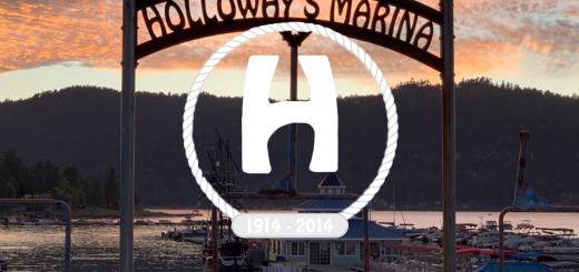 The Holloway's Marina sign in Big Bear with a large 'H' logo superimposed on it