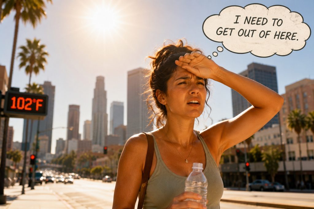 Person standing in extreme city heat holding water bottle and thinking about escaping to a cooler destination