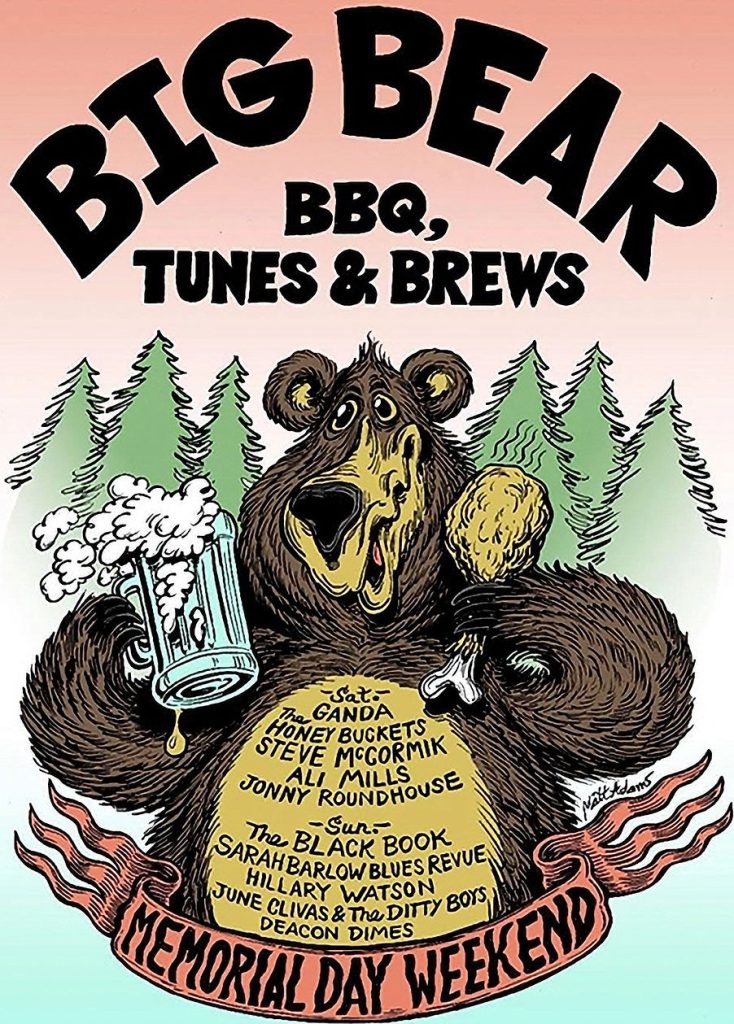 A cartoon poster advertising a "Big Bear BBQ, Tunes & Brews" event with an illustration of a bear holding a frothy mug of beer and a drumstick.
