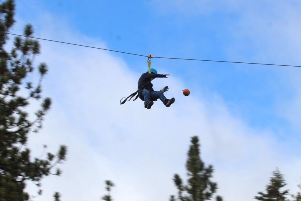 A participant tosses a pumpkin while ziplining above pine trees during the Zipline Pumpkin Smash adventure in Big Bear Lake.
