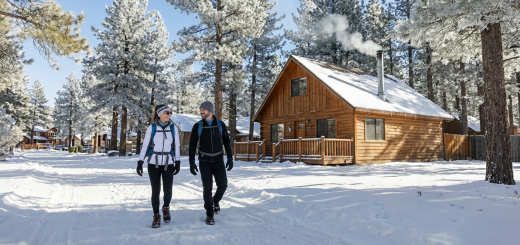 Man and woman in ski coats walking down a snowy road with a log cabin and snow covered trees in the background