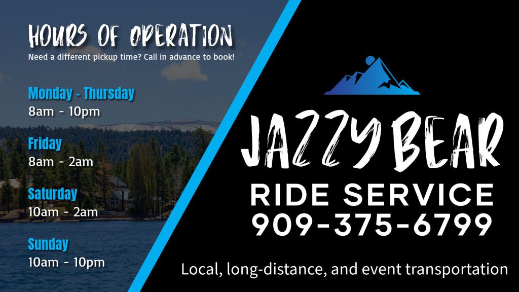 Business card for Jazzy Bear Ride Service in Big Bear, showing their hours of operation and contact information.