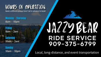 Business card for Jazzy Bear Ride Service in Big Bear, showing their hours of operation and contact information.