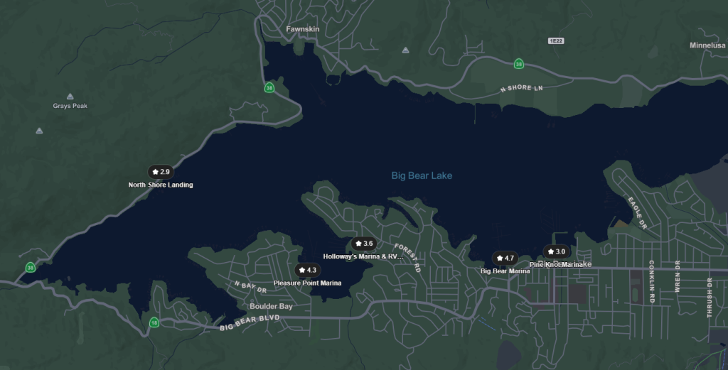 Map of Big Bear Lake showing popular marinas and jet ski rental locations around the lake.