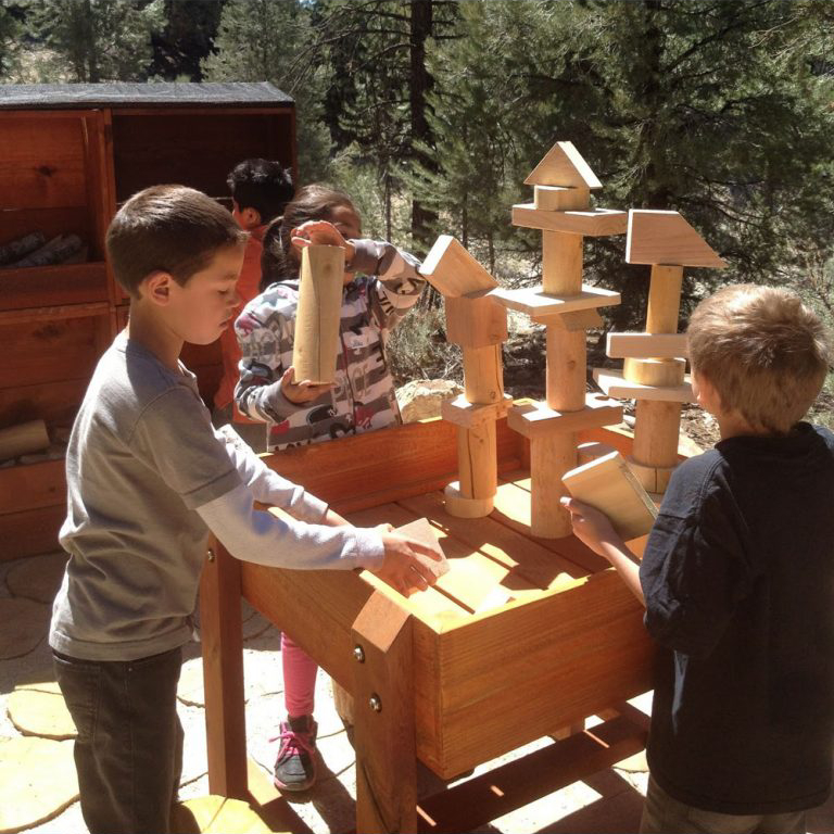 Children building wooden structures outdoors in a forest learning and playing with natural materials
