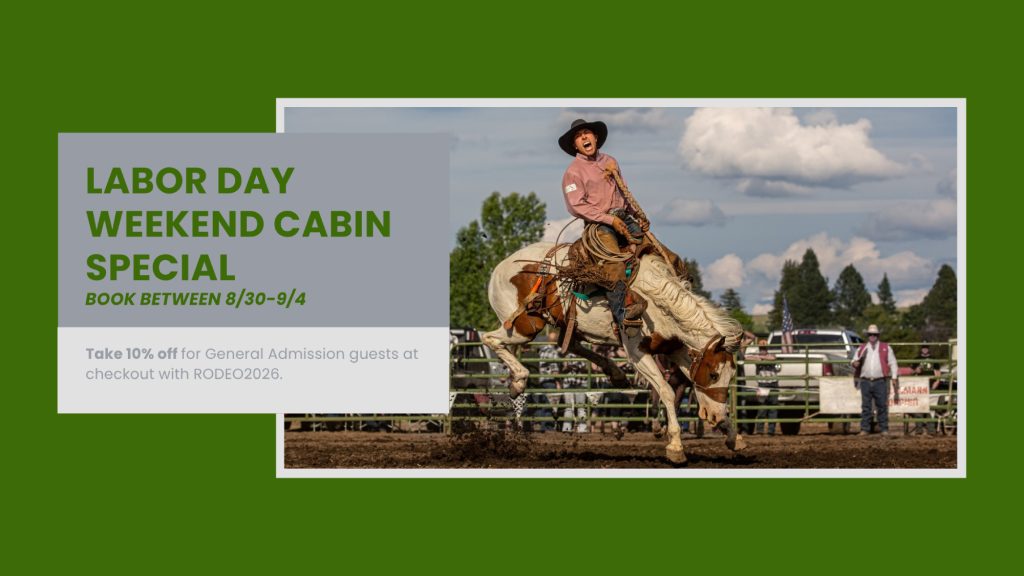 Labor Day weekend cabin special offer with cowboy event promotion and 10% discount