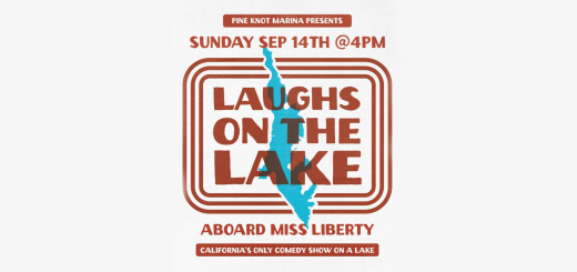 Red graphic on creme background reads Lakes on the Lake in red. with a blue graphic in shape of big bear lake on tope of it