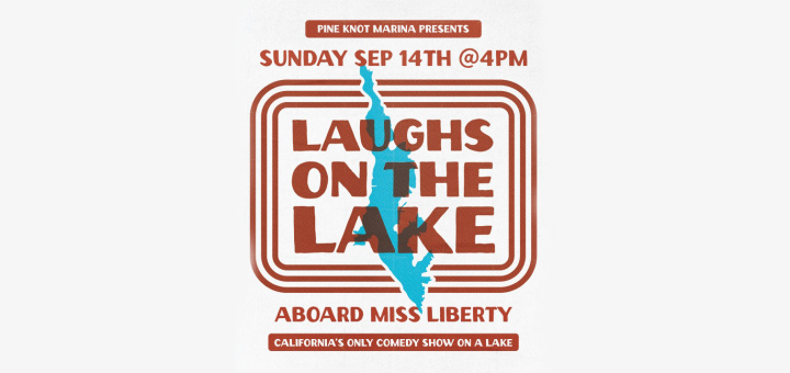 Red graphic on creme background reads Lakes on the Lake in red. with a blue graphic in shape of big bear lake on tope of it