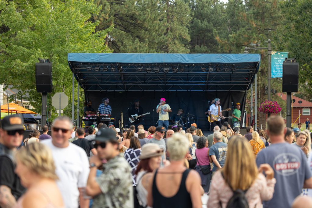 Large crowd gathered outdoors enjoying a live music concert on a stage surrounded by trees.