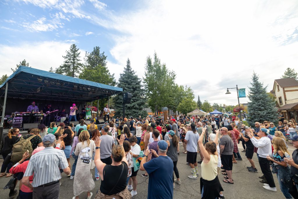 Crowd dancing and enjoying a live music performance at a street festival concert stage.