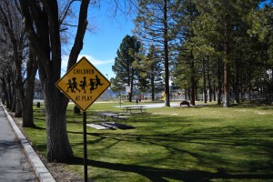 Grassy park with picnic tables, trees, and a “Children at Play” sign at Big Bear.