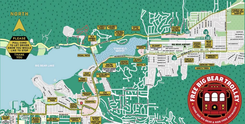 Map showing the Free Big Bear Trolley routes, highlighting key stops around Big Bear Lake with clear directions, including stops at local landmarks, markets, and recreational areas.