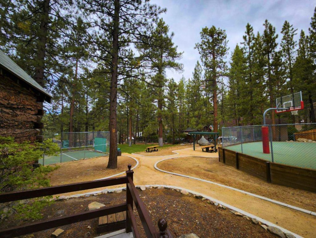 Recreation area at Miller Park in Big Bear featuring basketball and tennis courts, picnic areas, walking paths, and towering pine trees.