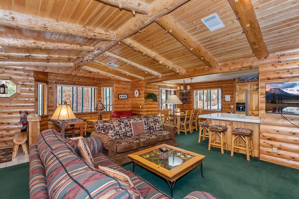 Log cabin living room with exposed timber beams, cozy seating, and open kitchen area
