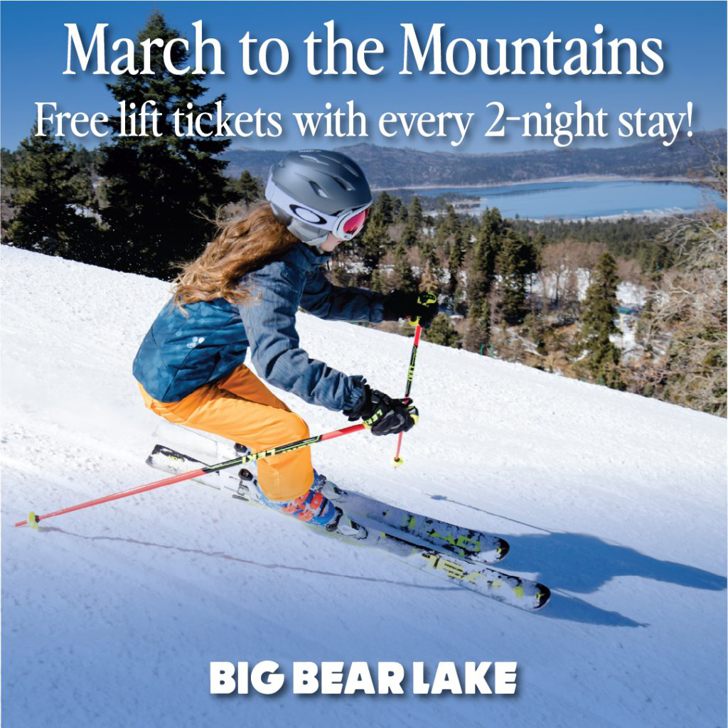 A skier enjoying the slopes in Big Bear Lake, promoting free lift tickets with a 2-night stay.