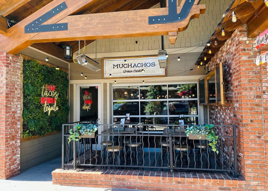 Front entrance and outdoor patio seating at Muchachos Urban Cantina in Big Bear Lake.