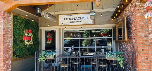 Front entrance and outdoor patio seating at Muchachos Urban Cantina in Big Bear Lake.