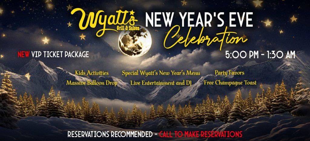 Wyatt's New years Celebration flyer details with background image of a winter in the mountains