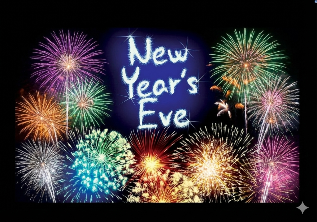 New Years Eve in glowing lights with fireworks against black background