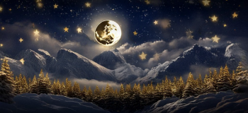 Animation of mountains with a moon and pine trees in the snow and big stars in the ski