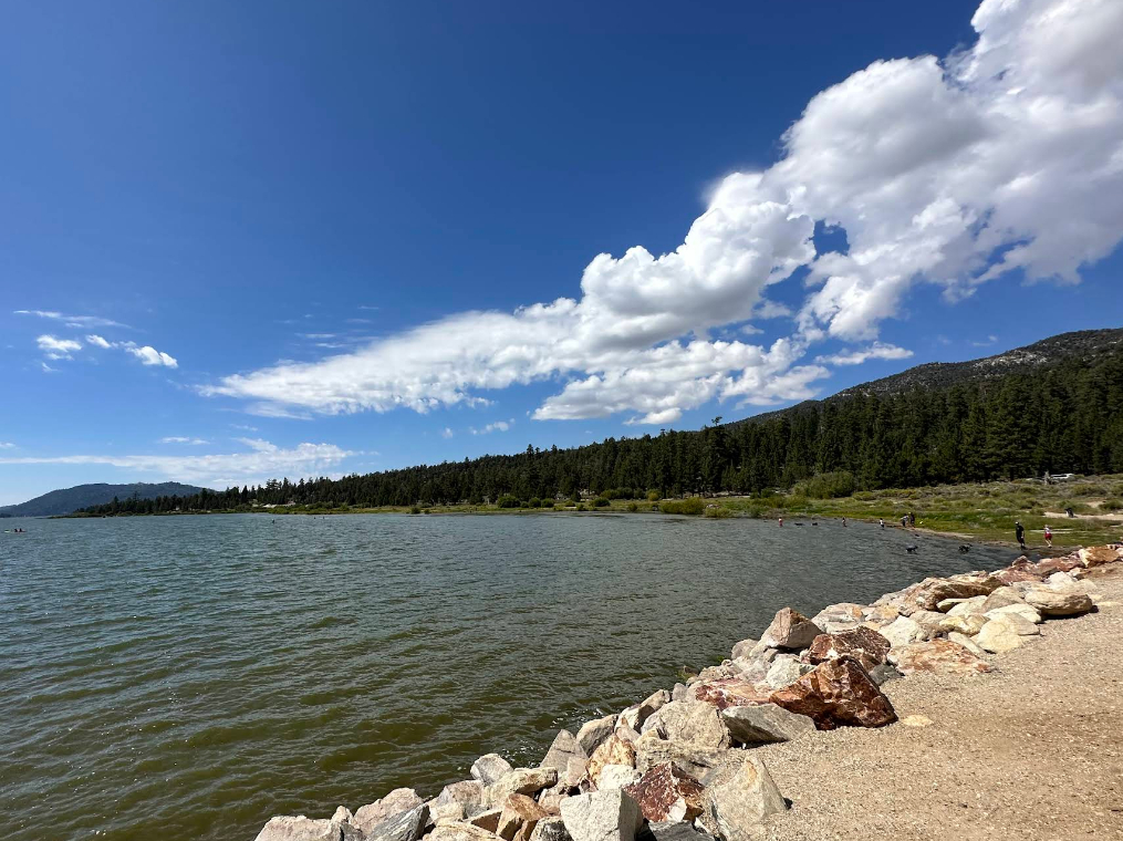 Scenic lake shoreline with rocky shore, forested mountains, and blue sky with clouds.