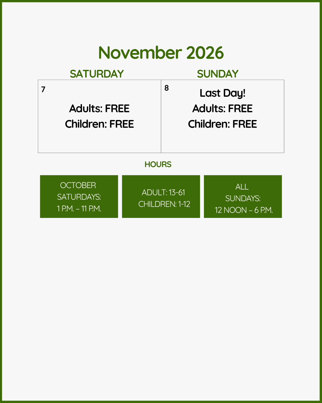 November 2026 event calendar showing final dates, admission details, and operating hours