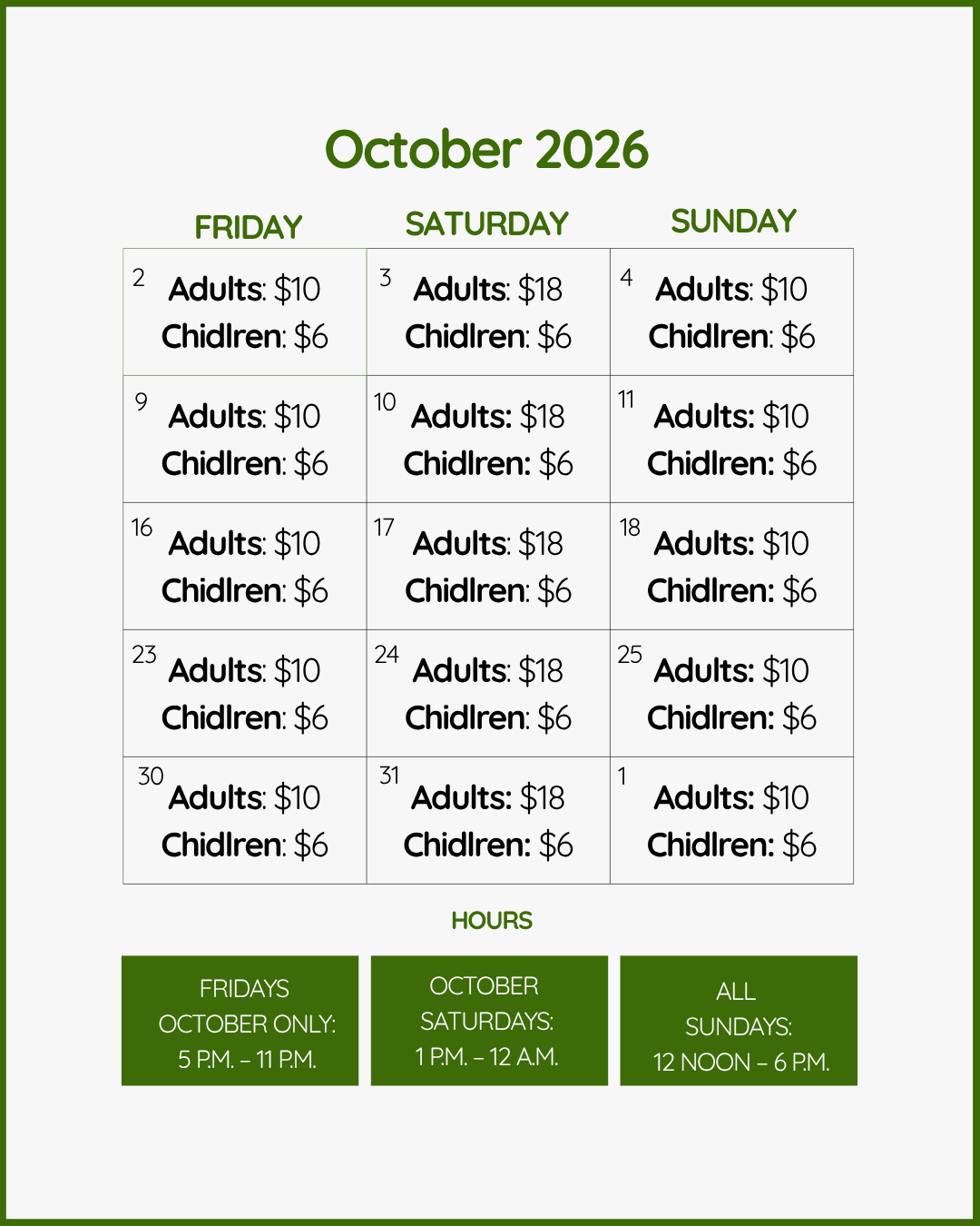 October 2026 event calendar showing ticket prices, dates, and operating hours