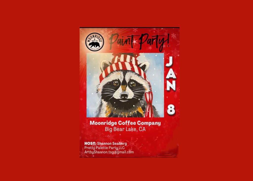 Poster for an event called Paint in The Mountains which has a racoon with a red and white stocking cap on.