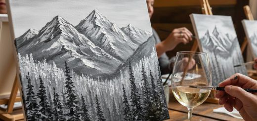 Guests painting black and white mountain landscape on canvas while enjoying wine at Barrel 33 Paint and Sip event in Big Bear