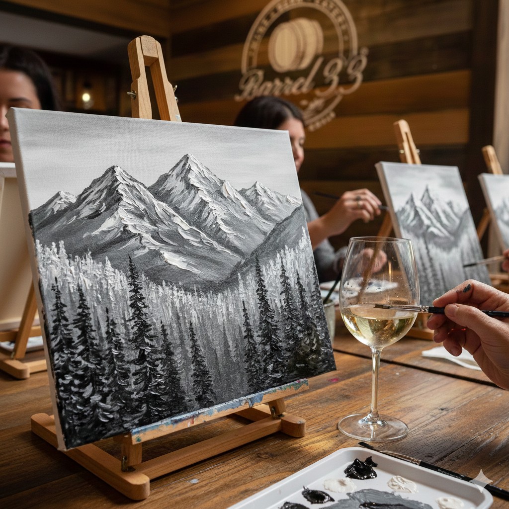 Guests painting black and white mountain landscape on canvas while enjoying wine at Barrel 33 Paint and Sip event in Big Bear