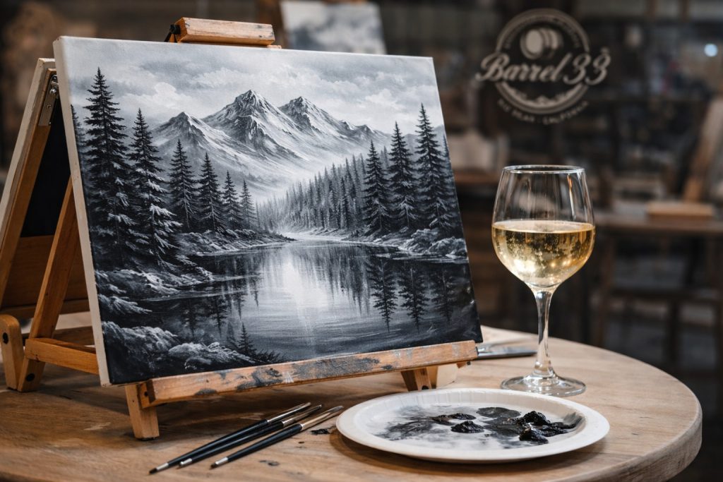 Black and white mountain landscape painting on tabletop easel with glass of white wine at Paint and Sip event at Barrel 33 in Big Bear Lake