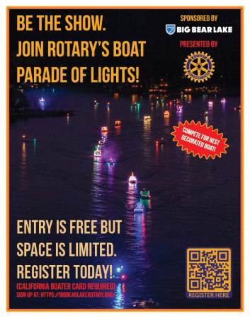 Promotional flyer for Big Bear Rotary’s Boat Parade of Lights event with registration details and glowing boats on the lake.