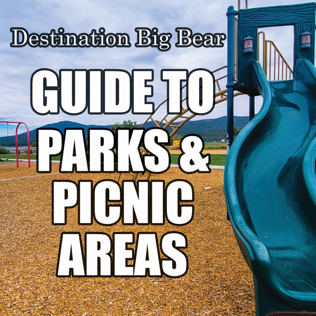 A graphic for "Destination Big Bear: Guide to Parks & Picnic Areas" is shown with an image of a playground and park.